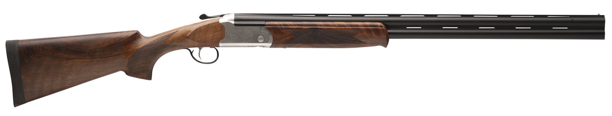 Stevens 22593 555 E Full Size 20 Gauge Break Open 3" 2rd 26" Black Satin Vent Rib Barrel, Engraved Satin Silver Aluminum Receiver, Fixed Satin Turkish Walnut Stock, Ambidextrous