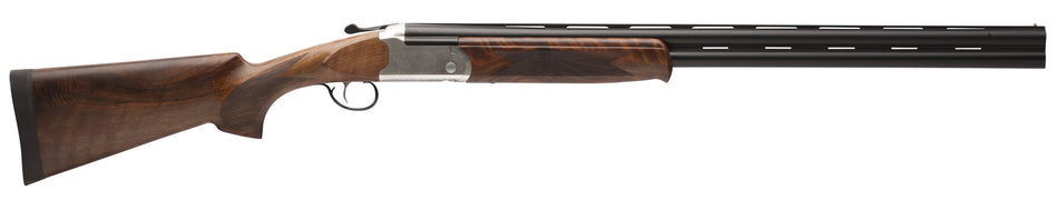Stevens 22593 555 E Full Size 20 Gauge Break Open 3" 2rd 26" Black Satin Vent Rib Barrel, Engraved Satin Silver Aluminum Receiver, Fixed Satin Turkish Walnut Stock, Ambidextrous