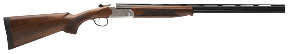 Stevens 22595 555 E Full Size 410 Gauge Break Open 3" 2rd 26" Black Satin Over/Under Vent Rib Barrel, Engraved Satin Silver Aluminum Receiver, Fixed Satin Turkish Walnut Stock, Ambidextrous