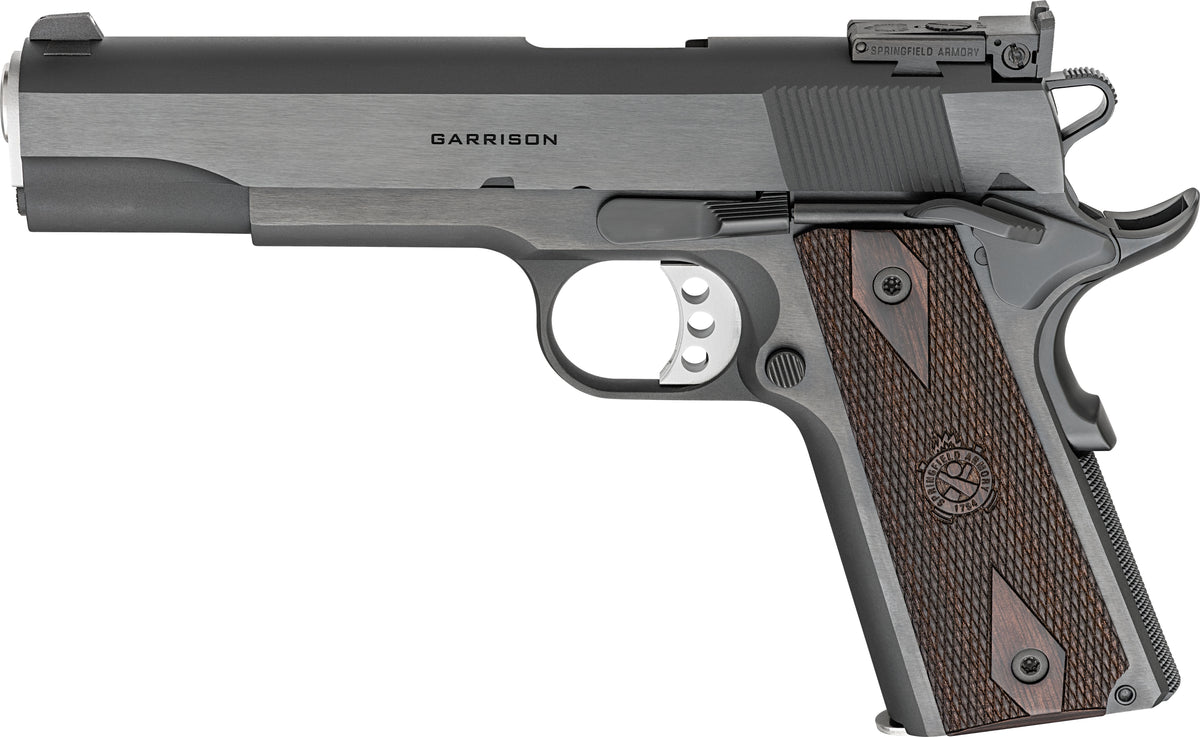 Springfield Armory PX9420ADJ 1911 Garrison Full Size 45 ACP 7+1 5" Stainless Match Grade Barrel, Blued Carbon Steel Serrated Slide, Blued Carbon Steel Frame w/Beavertail, Thinline Wood Grip