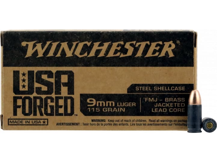 Winchester USA Forged 9mm Luger 115gr FMJ Steel Ammo