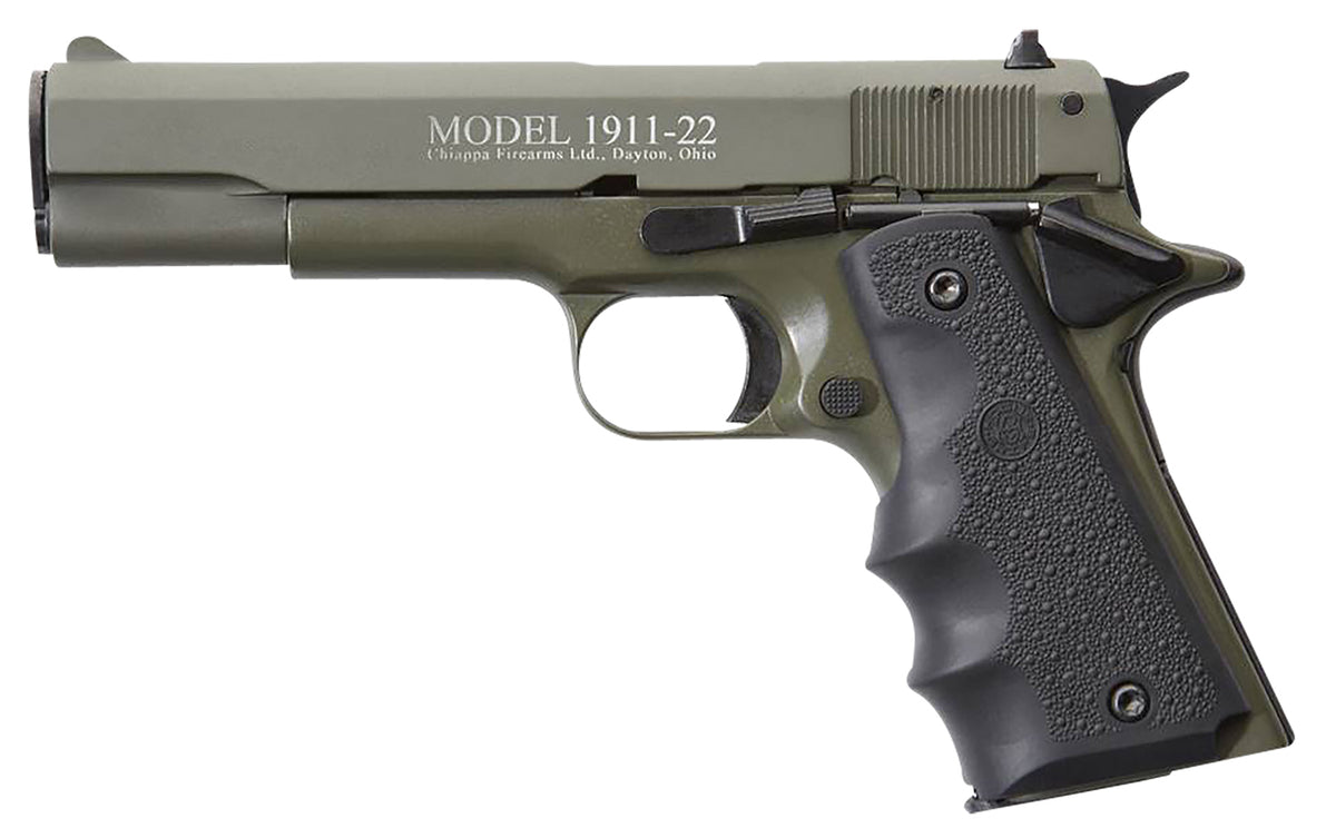 Chiappa Firearms 401121 1911-22 22 LR 10+1 5" OD Green Serrated Steel Slide & Beavertail Frame, Black Hogue Rubber w/Finger Grooves Grip