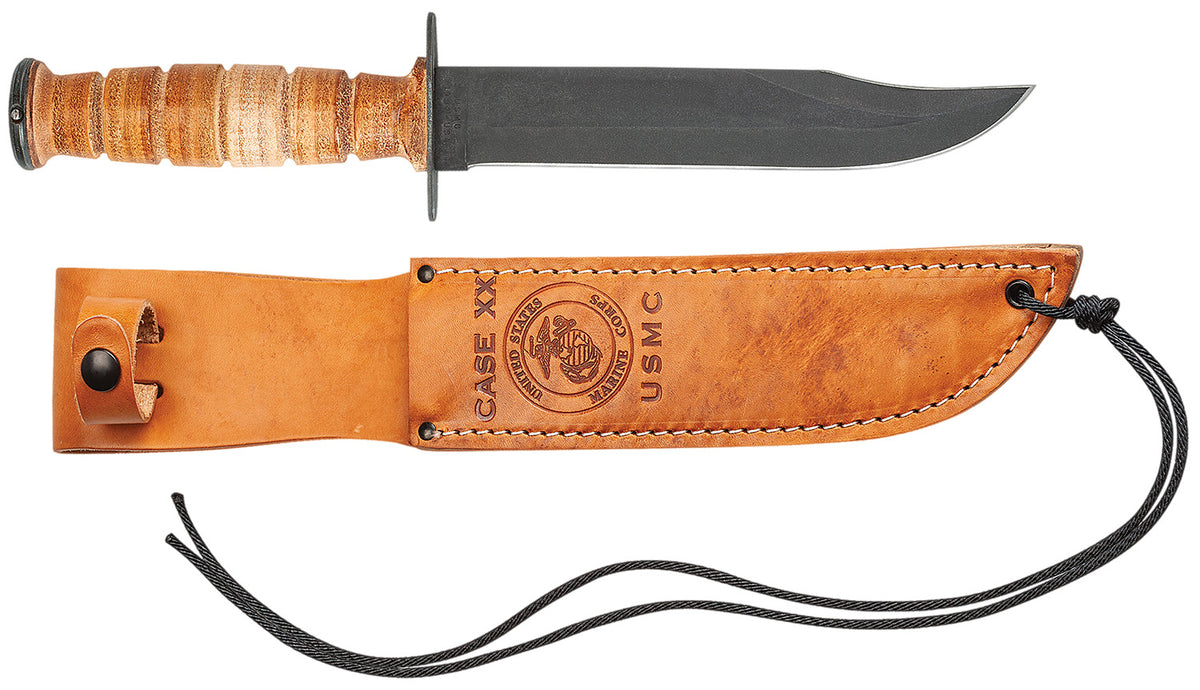 Case 00334 USMC 7" Fixed Clip Point Plain Blackened Carbon Steel Blade, Grooved Leather Handle