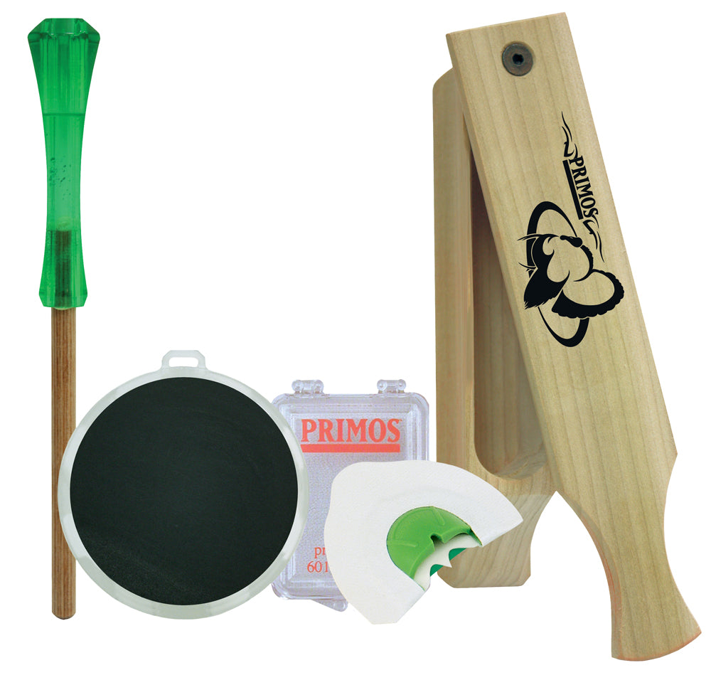 Primos 272 Turkey Caller Starter Pack Attracts Turkeys, Includes Sonic Dome Mouth Call, Sonic Dome Slate Call, Slim Striker & Double Sided Box Call