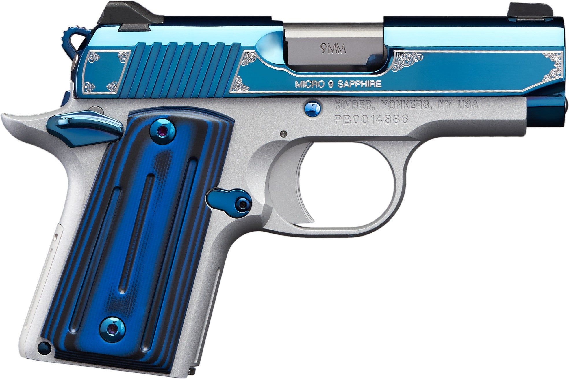Kimber Mfg.,inc 3300111 Micro 9 Sapphire 9mm 6+1 3.15" Polished Bright Blue PVD Coating Stainless Steel Slide G-10 Grip
