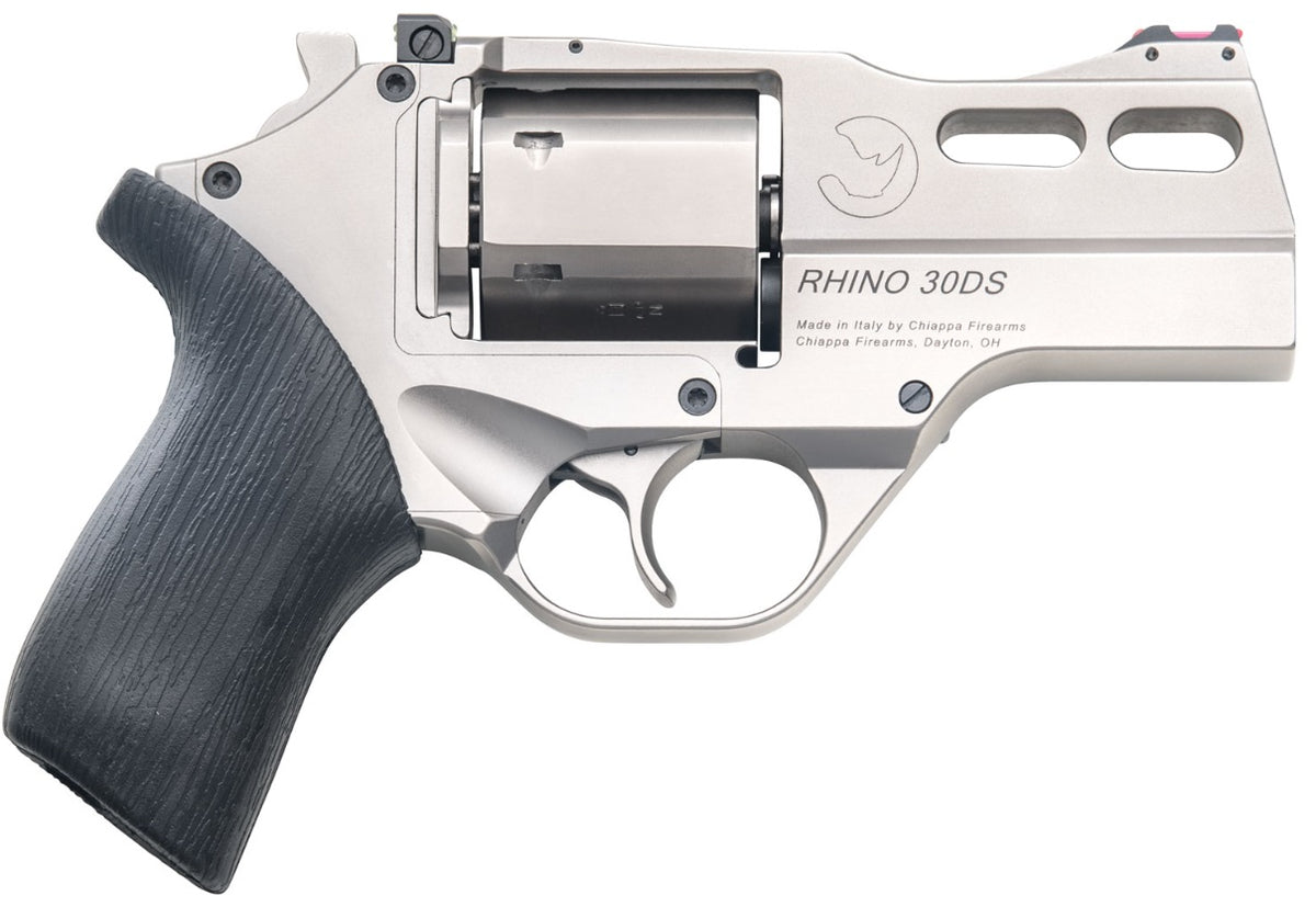 Chiappa Firearms 340290 Rhino 30DS Small Frame 357 Mag 6 Shot, 3" Nickel-Plated Steel Vent Rib Barrel & Cylinder, Nickel-Plated Aluminum Frame, Black Rubber Grip, Concealed Hammer