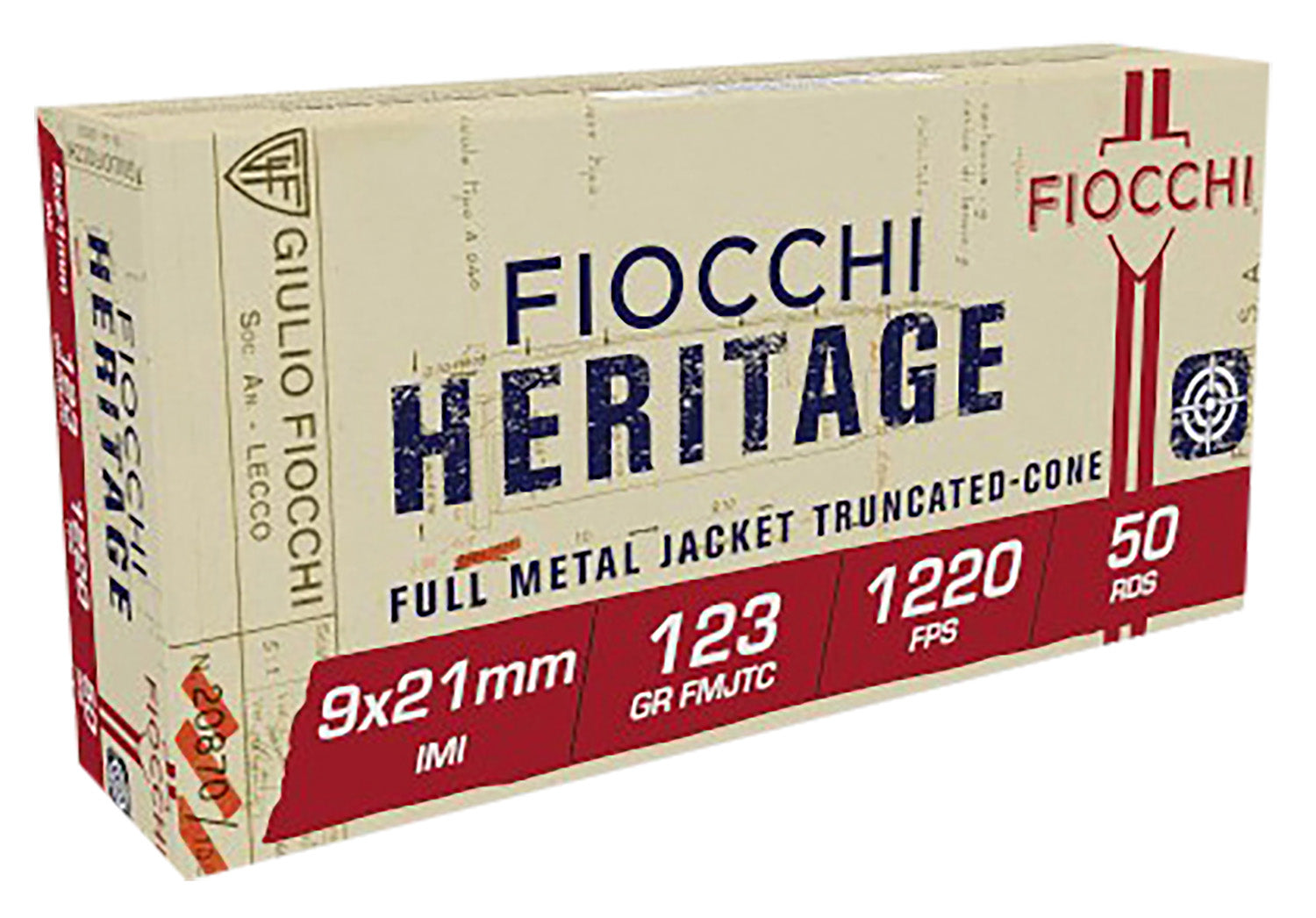 Fiocchi 9x21mm IMI Heritage 123gr FMJTC Ammo