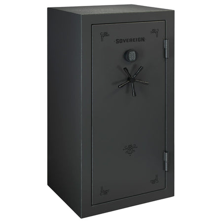 STACK ON SOVEREIGN GUN SAFE 59\" TALL 36 GUN WATER/FIRE RATED GRAY W/ ELECT. LOCK 29.25X25.5X59 #562