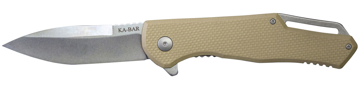 KA-BAR JAROSZ 3.5 IN SPEARPOINT FLIPPER FOLDER KNIFE TAN GRIP W POCKET CLIP