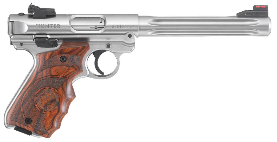 Ruger 40160 Mark IV Hunter 22 LR 10+1 6.88" Satin Stainless Fluted Bull Barrel, Satin Stainless Steel Frame, Drilled & Tapped Receiver, Target Laminate w/Finger Groove Grip, Right Hand