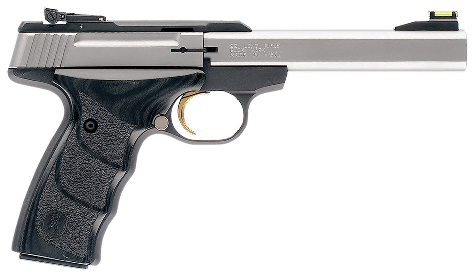 Browning 051427490 Buck Mark Plus *CA Compliant 22 LR 10+1 5.50" Slab Side Barrel, Serrated SS Slide, Matte Black Aluminum Frame, Black Laminate Wood Grips