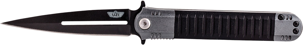 Uzi Accessories UZKFDR009 Covert 3.50" Folding Spear Point Plain Black Stainless Steel Blade Black/Gray Aluminum Handle Includes Metal Clip