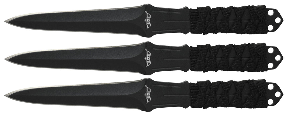Uzi Accessories UZKTRW003 Throwing Knives 3" Fixed Straight Back Plain Black Stainless Steel Blade Black Nylon Cord Wrapped Handle