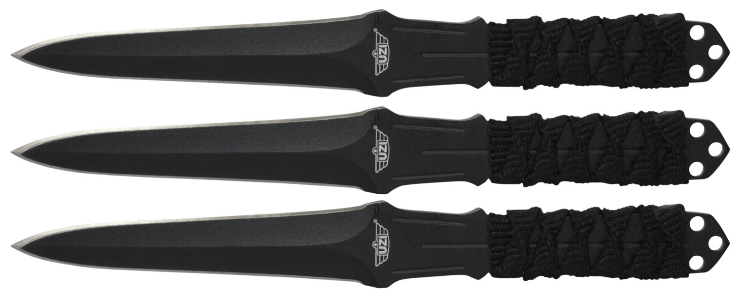 Uzi Accessories UZKTRW003 Throwing Knives 3" Fixed Straight Back Plain Black Stainless Steel Blade Black Nylon Cord Wrapped Handle