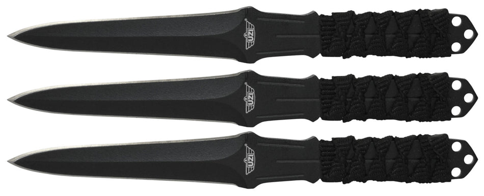 Uzi Accessories UZKTRW003 Throwing Knives 3" Fixed Straight Back Plain Black Stainless Steel Blade Black Nylon Cord Wrapped Handle
