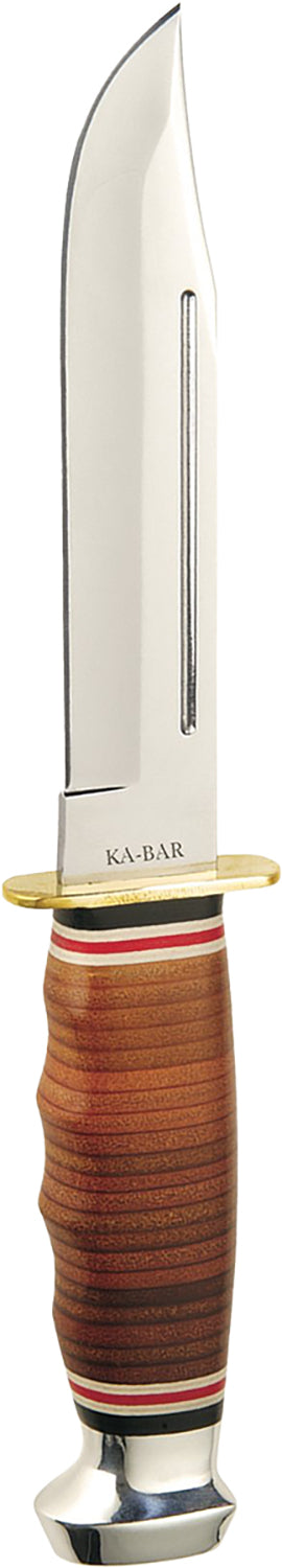 Ka-Bar 1235 Marine Hunter 5.88" Fixed Clip Point Plain Polished 4116 SS Blade, Stacked w/Finger Grooves Leather Handle, Includes Sheath