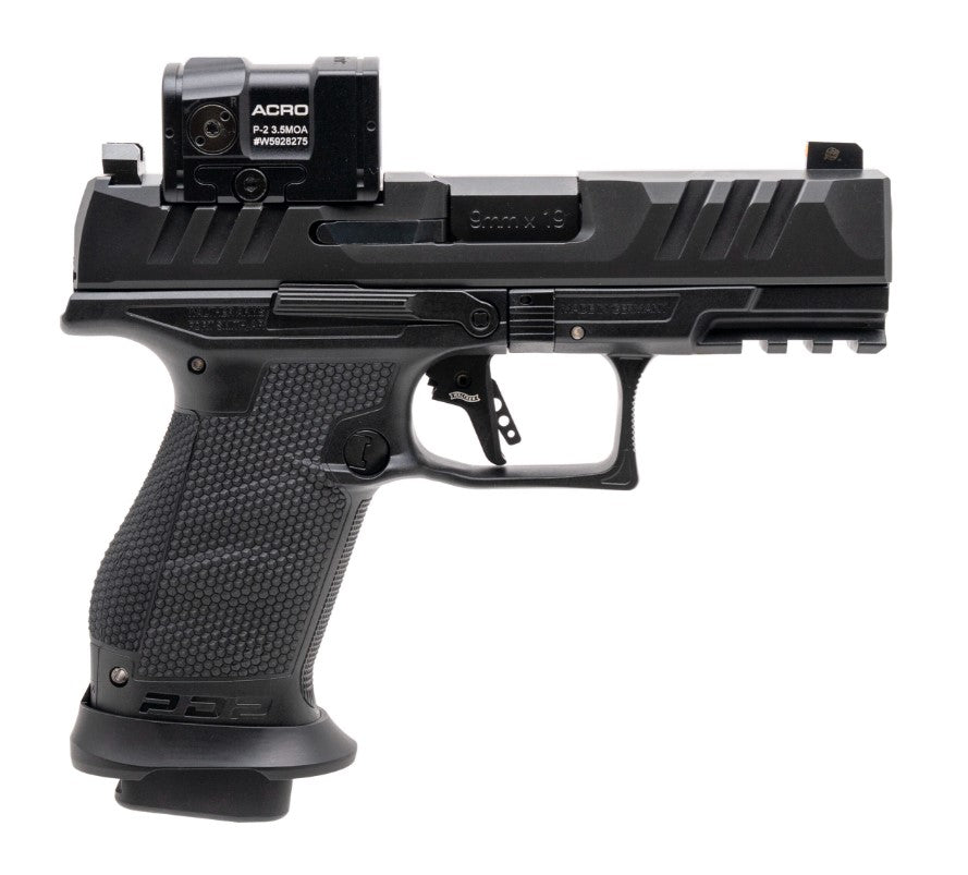 Walther Arms 4797068 PDP Pro ACRO Compact 9mm Luger 10+1 4" Black Polygonal Rifled Barrel, Serrated w/Optic Slide, Black Polymer Frame w/Picatinny Rail, Textured Polymer Grip, Aimpoint Acro P-2 Red Do