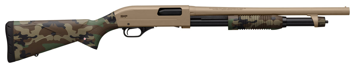 Winchester Repeating Arms 512435395 SXP Defender 12 Gauge 3" 5+1 (2.75") 18" Barrel, FDE Drilled & Tapped Rec, Woodland Camo Textured Stock, Tactical Ribbed Forearm, Inflex Recoil Pad
