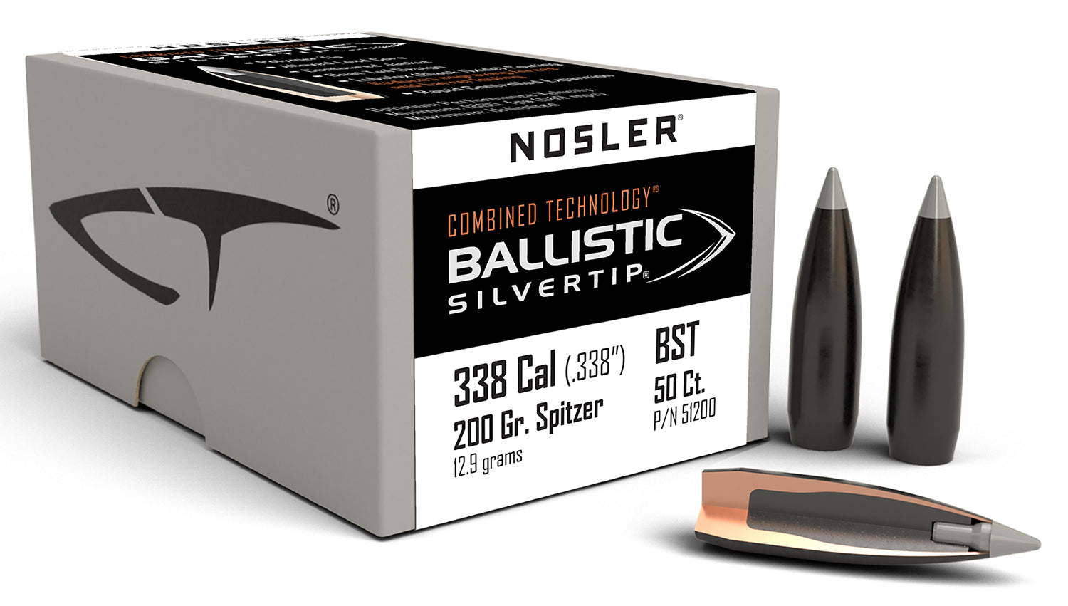 Nosler 51200 Ballistic Silvertip 338Cal 200gr Spitzer Point 50/Box