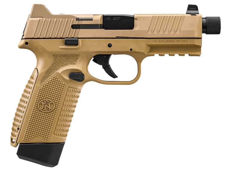 FN 66101384 545 Tactical 45 ACP 15+1/18+1, 4.71" Black Target Crown/Threaded Steel Barrel, Flat Dark Earth PVD Optic Cut/Serrated Steel Slide & Polymer Frame w/Picatinny Rail, Ambidextrous