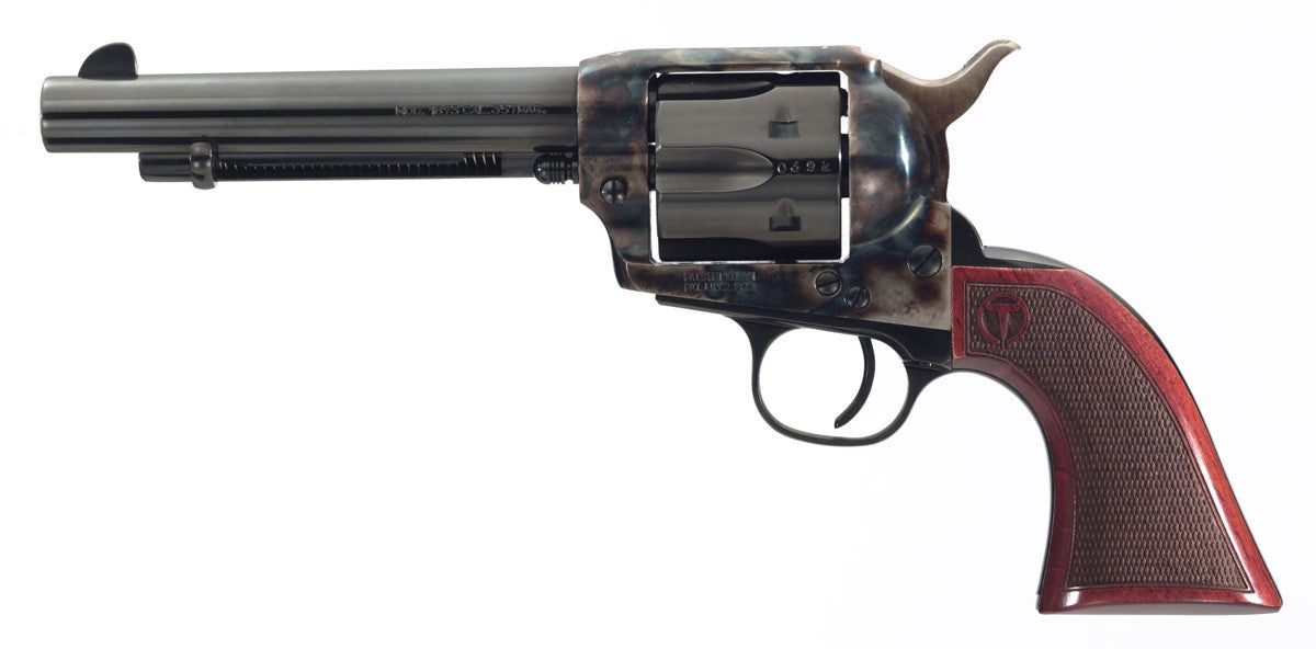 Taylors & Company 550811DE Smoke Wagon Uberti 357 Mag 6 Shot 5.50" Blued Round Barrel & Cylinder, Color Case Hardened Steel Frame, Checkered Walnut Navy Grip, Exposed Hammer