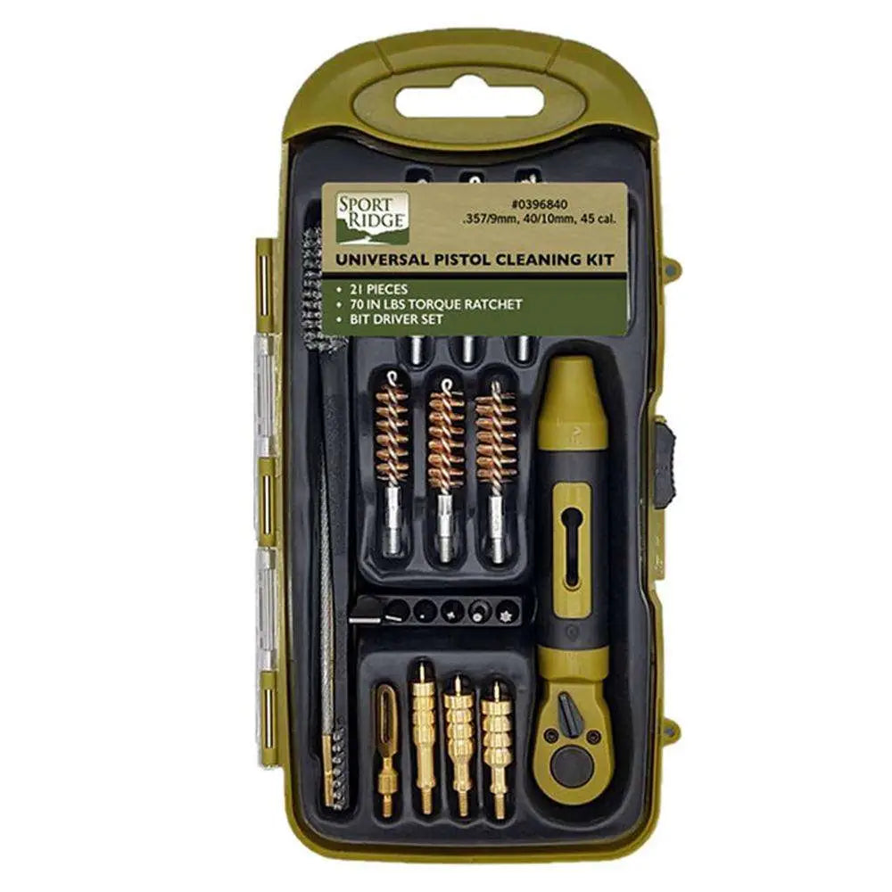 SPORT RIDGE UNIVERSAL PISTOL CLEANING KIT 23PC W/RATCHET 357/9MM/40/10MM/45 (6/CASE)