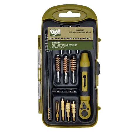 SPORT RIDGE UNIVERSAL PISTOL CLEANING KIT 23PC W/RATCHET 357/9MM/40/10MM/45 (6/CASE)