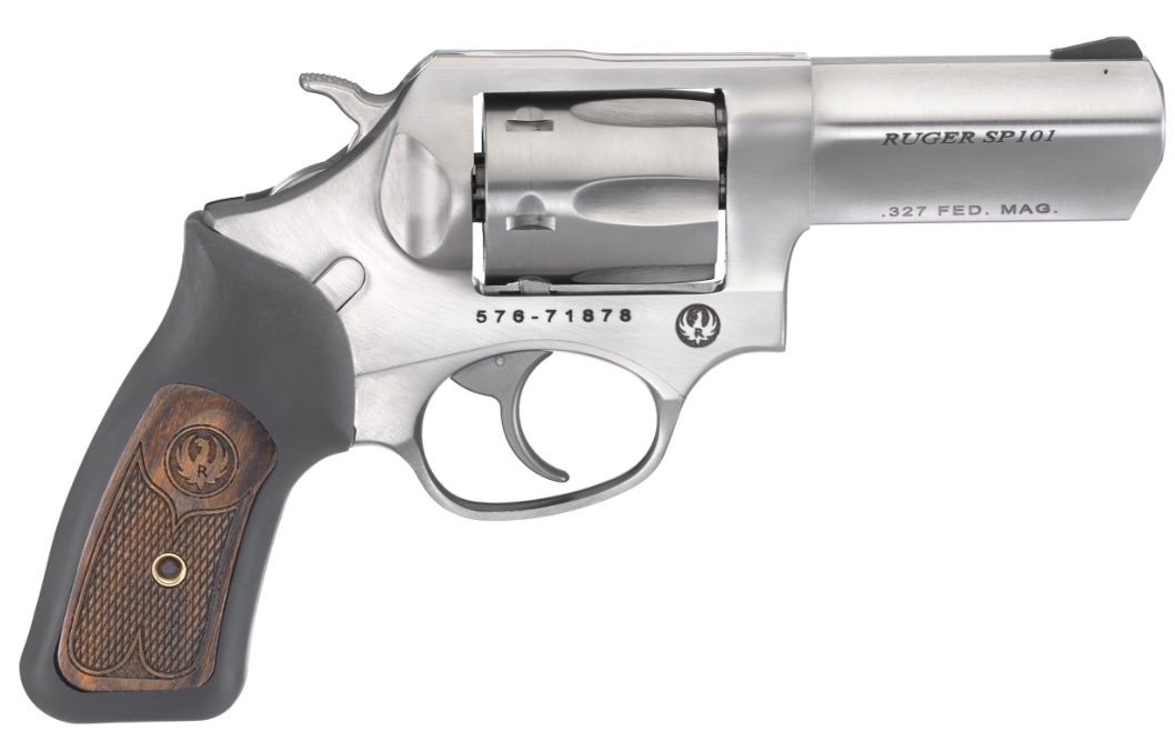 Ruger 5784 SP101 327 Federal Mag 3" Barrel 6rd Triple-Locking Cylinder, Satin Stainless Steel, Cushioned Rubber With Engraved Wood Insert Grip, Transfer Bar Safety