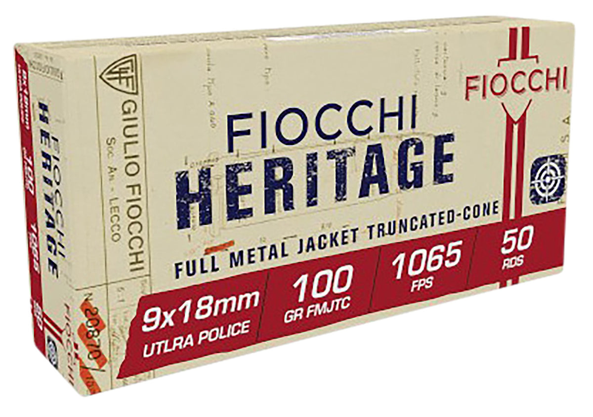 Fiocchi 9X18 Heritage Pistol 9x18mm Ultra 100 gr Full Metal Jacket Truncated-Cone (TCFMJ) 50 Per Box/ 20 Cs