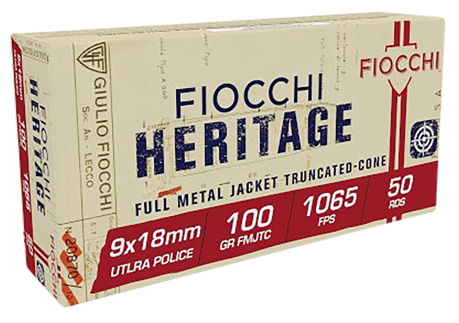 Fiocchi 9X18 Heritage Pistol 9x18mm Ultra 100 gr Full Metal Jacket Truncated-Cone (TCFMJ) 50 Per Box/ 20 Cs