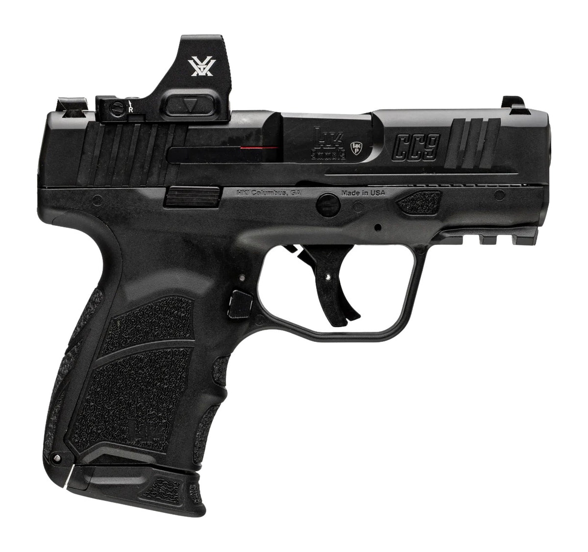 HK 81001354 CC9 w/Optic Micro Compact 9mm Luger 12+1 3.32" Black Barrel, Black Steel Serrated w/Optic Slide, Black Polymer Frame w/Picatinny Rail, Interchangeable Backstrap Grip, Vortex CCW