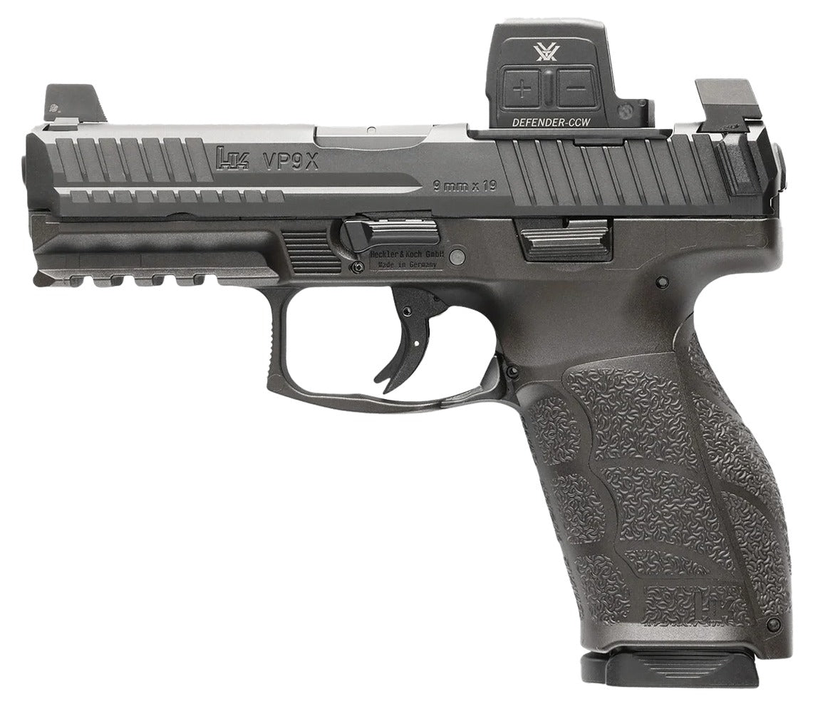 HK 81001356 VP9A1 X w/Optic Full Size Frame 9mm Luger 10+1 4.09" Black Barrel, Black Steel Serrated w/Optic Slide, Black Polymer Frame w/Picatinny Rail, Textured Grip, Vortex CCW