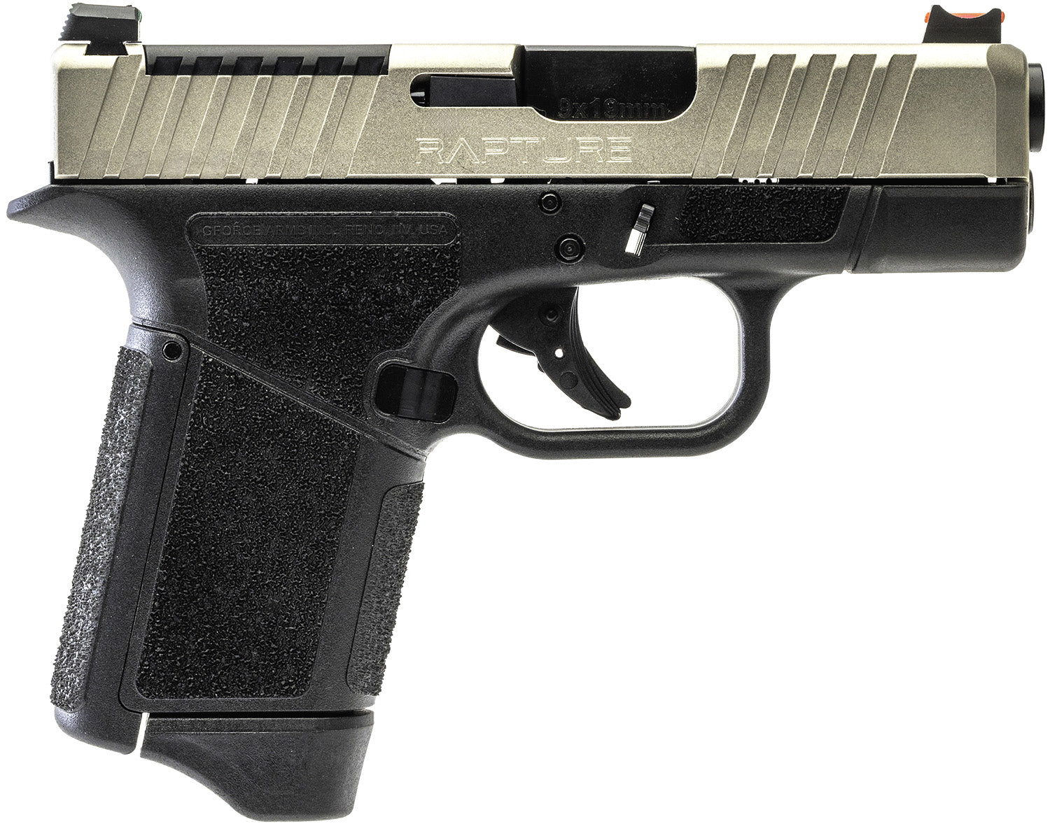 Gforce Arms GF932512GN Rapture Sub-Compact Frame 9mm Luger 12+1 3.25" Black Steel Barrel, Nickel Steel Optic Cut/Serrated Slide, Gray Cerakote Polymer Frame, Shield RMSc/RMR Footprint
