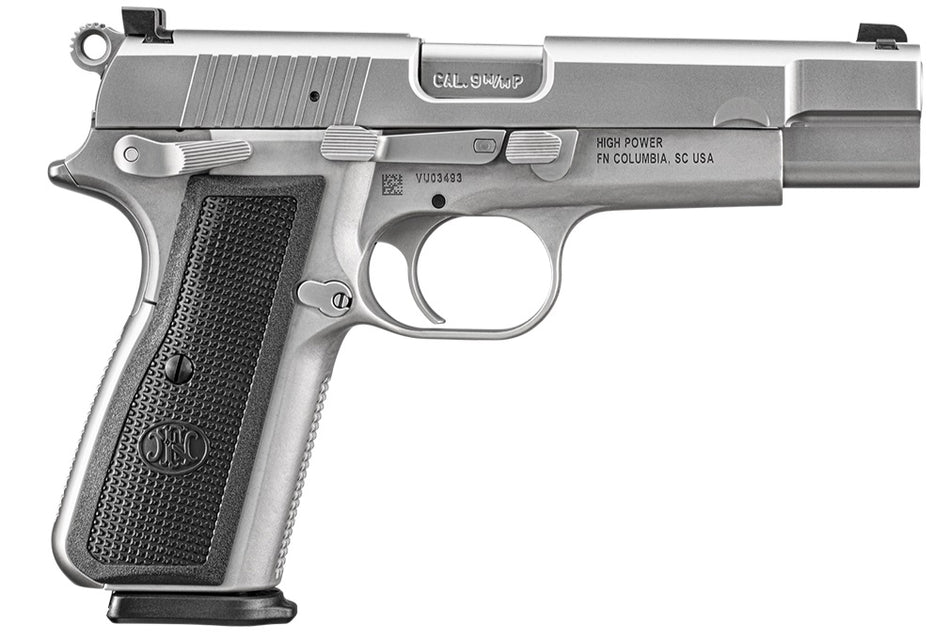 FN 66101116 High Power 9mm Luger 10+1 4.70" Black Target Crown Steel Barrel, Stainless PVD Serrated Steel Slide, Matte Stainless Steel Frame w/Beavertail, Black Textured Polymer Grip, Ambidextrous