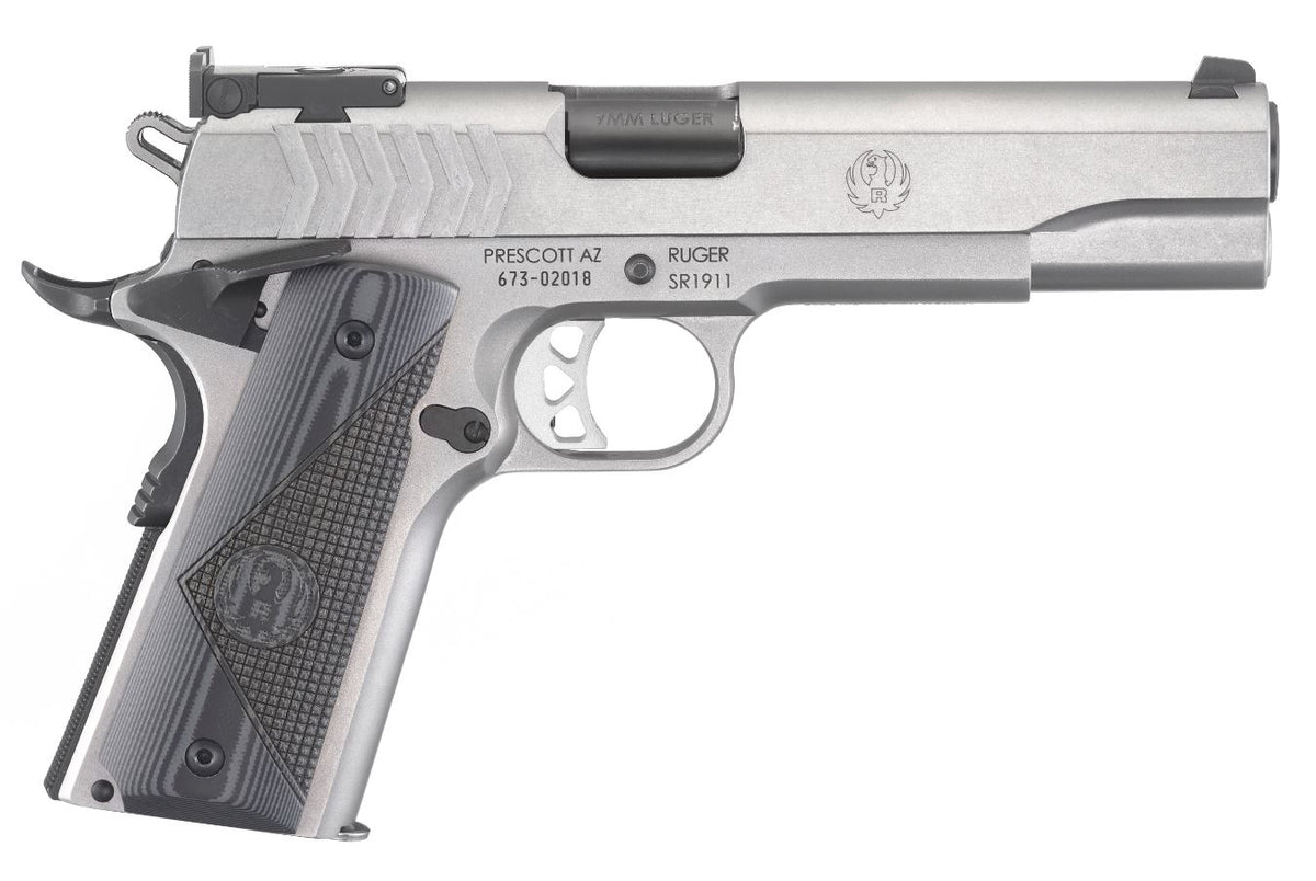 Ruger 6759 SR1911 Target 9mm Luger 9+1 5" Black Steel Barrel, Low-Glare Stainless Steel Serrated Slide, Low-Glare Stainless Steel Frame w/Beavertail, Deluxe Checkered G10 Grip, Right Hand
