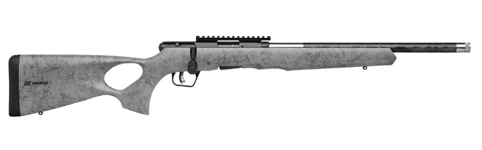 Savage Arms 70818 B Series TimberLite 17 HMR 10+1 18" Black Threaded Carbon Fiber/SS Barrel, Black Picatinny Rail Steel Receiver, Gray w/Black Webbing Synthetic Fixed Thumbhole Stock