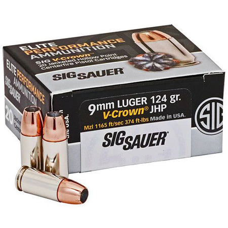 Sig Sauer 9mm Luger / Parabellum Elite Performance V-Crown 124gr JHP Ammo