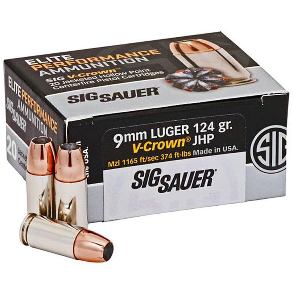 Sig Sauer 9mm Luger / Parabellum Elite Performance V-Crown 124gr JHP Ammo