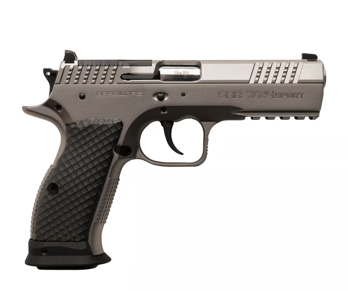 Sarsilmaz SAR7/24SPT 7/24 9mm Luger 17+1 4.40" Stainless Barrel, Matte Stainless Steel Optic Cut/Serrated Slide, Matte Stainless Steel Frame w/Beavertail & Picatinny Rail, Black Polymer Grip