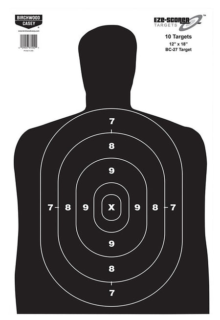 Birchwood Casey 37202 EZE-Scorer BC-27 Silhouette Paper Hanging Universal 12" x 18" Black/White 10 Pk.