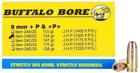 Buffalo Bore 9mm Luger / Parabellum Personal Defense +P+ 124gr JHP Ammo