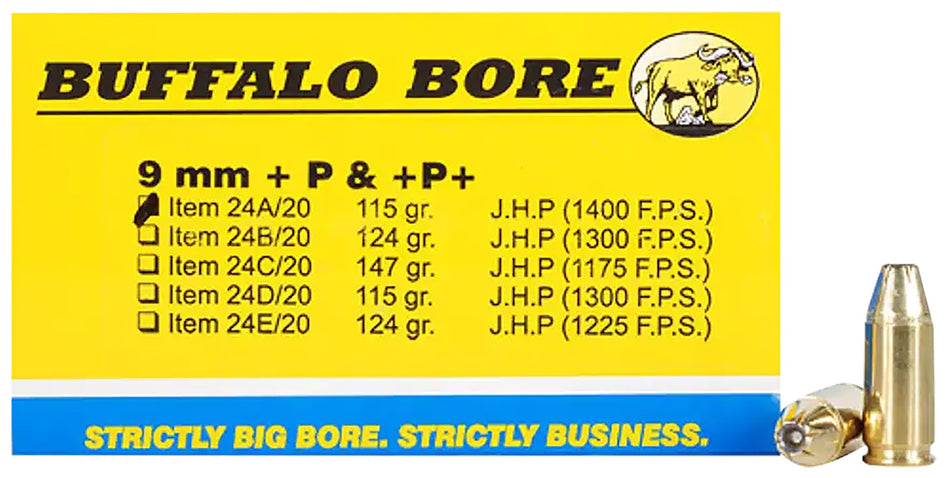 Buffalo Bore 9mm Luger / Parabellum Personal Defense +P+ 115gr JHP Ammo