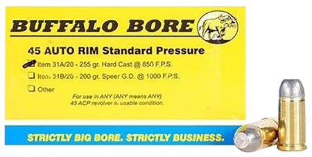 Buffalo Bore .45 Auto Rim Standard Pressure 255gr Solid Ammo