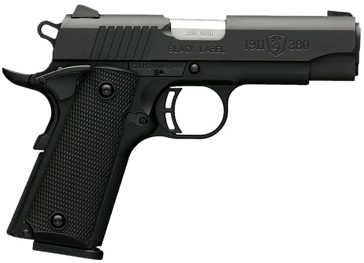 Browning 051905492 1911 Black Label 380 ACP 8+1 3.63" Stainless Target Crown Steel Barrel, Matte Black Serrated Stainless Steel Slide, Matte Black Polymer Frame, Black Polymer Grip, Right Hand
