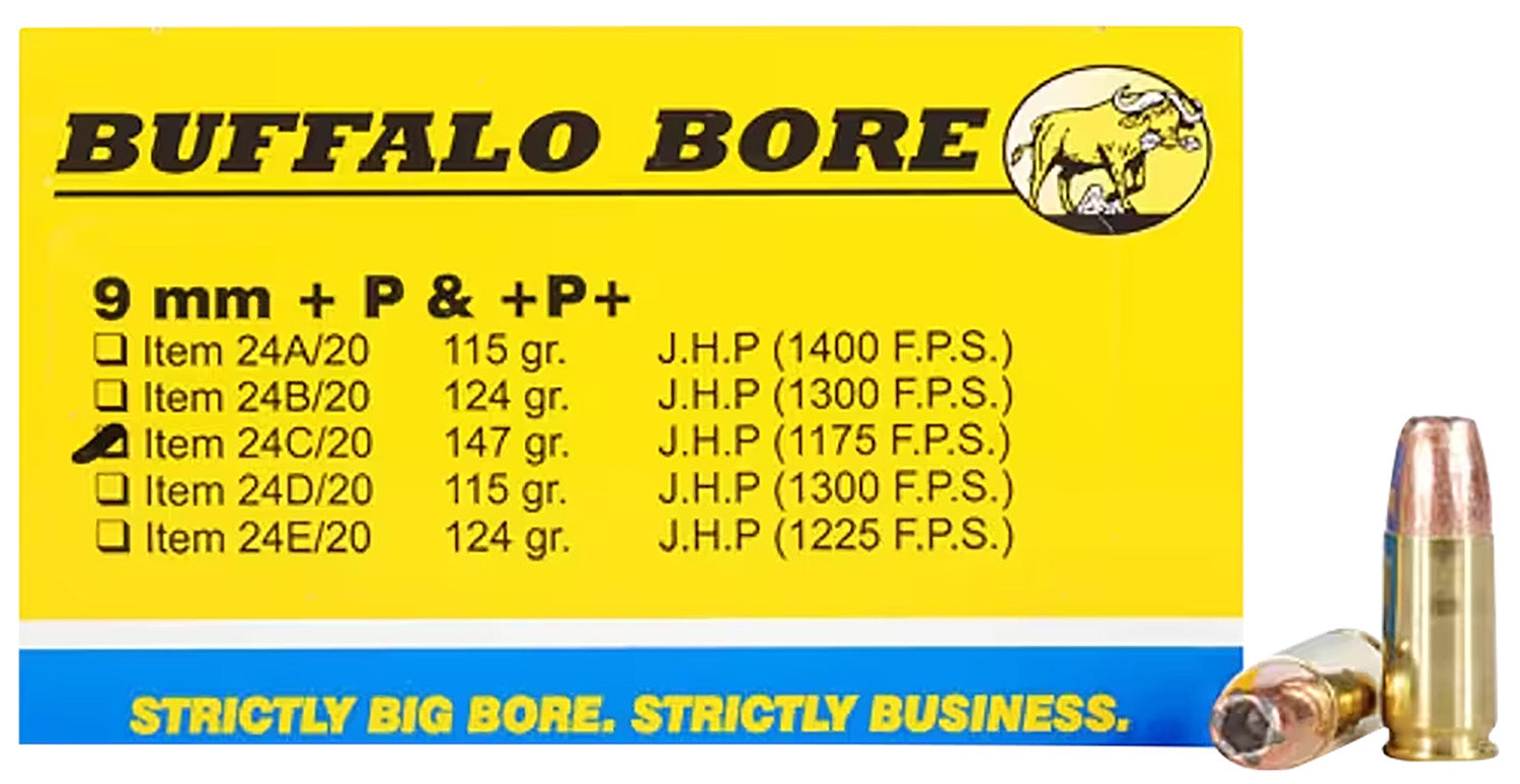 Buffalo Bore 9mm Luger / Parabellum Personal Defense +P+ 147gr JHP Ammo