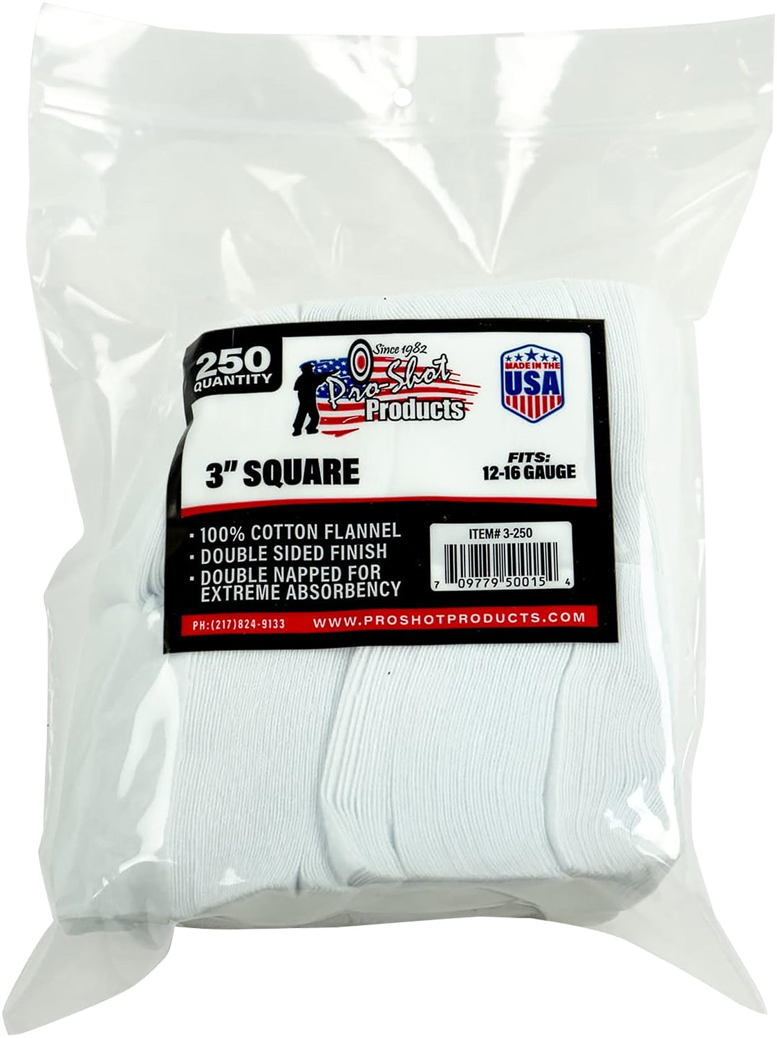 Pro-Shot 3250 Cleaning Patches 12-16 Gauge 3" Square Cotton Flannel 250 Pack