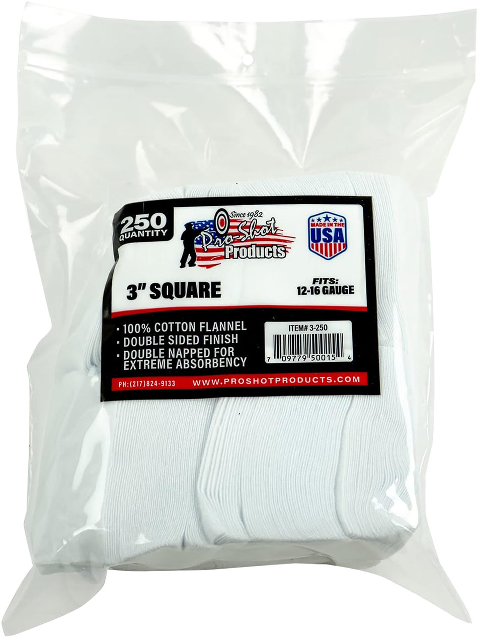 Pro-Shot 3250 Cleaning Patches 12-16 Gauge 3" Square Cotton Flannel 250 Pack