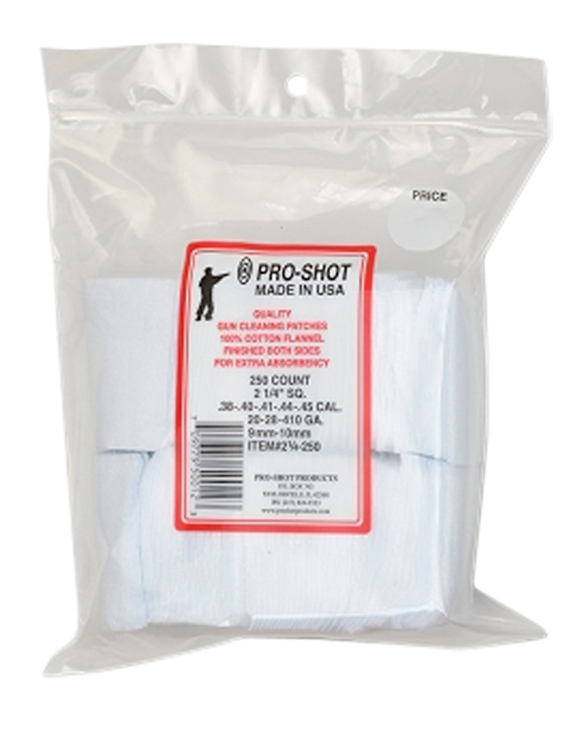 Pro-Shot 214250 Cleaning Patches .38 - .45 Cal/ .410 / 20 Gauge 2.25" Square Cotton Flannel 250 Pack