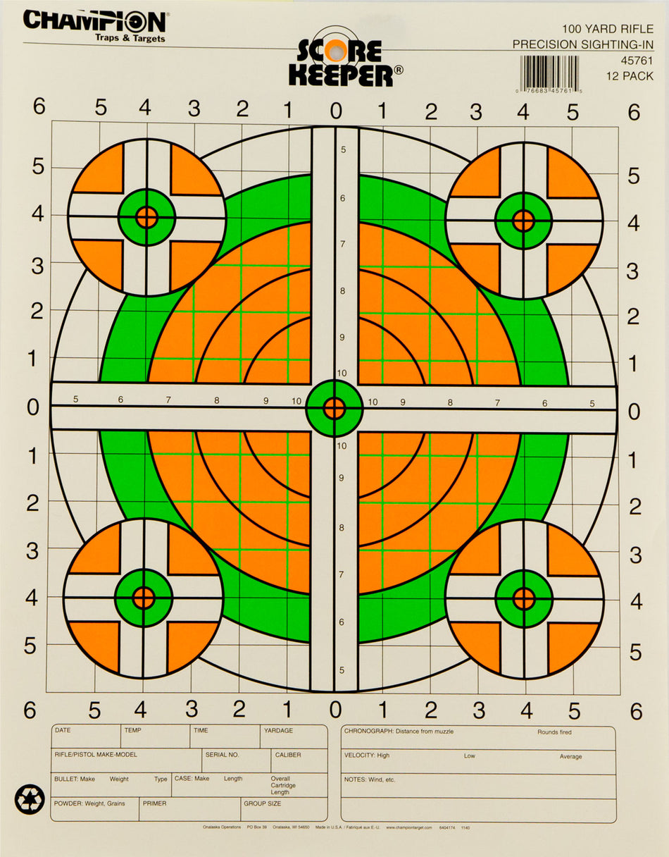 Champion Targets 45761 Score Keeper Bullseye Paper Hanging 100 yds Rifle 14" x 18" Green/Orange 12 PK
