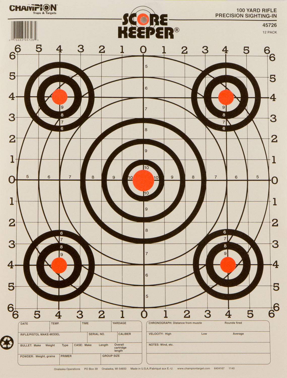 Champion Targets 45726 Score Keeper Bullseye Paper Hanging 100 yds Pistol/Rifle 14" x 18" Multi-Color 12 PK